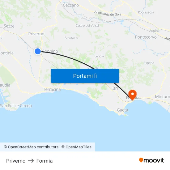 Priverno to Formia map