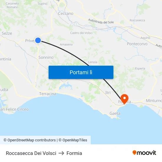 Roccasecca Dei Volsci to Formia map