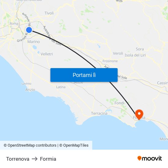 Torrenova to Formia map