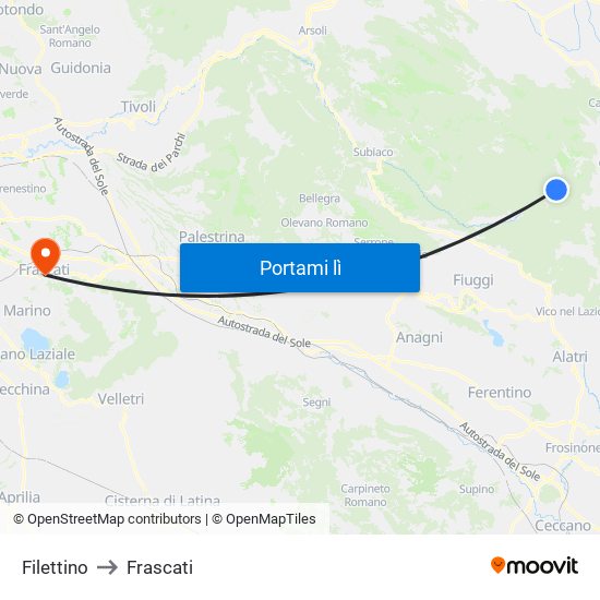 Filettino to Frascati map
