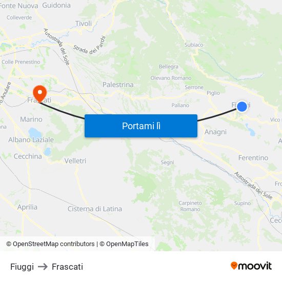 Fiuggi to Frascati map