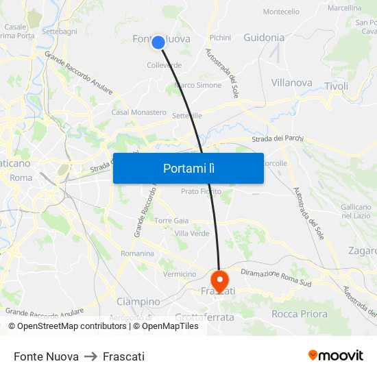 Fonte Nuova to Frascati map
