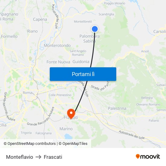 Monteflavio to Frascati map