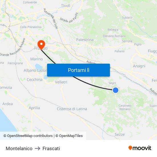 Montelanico to Frascati map
