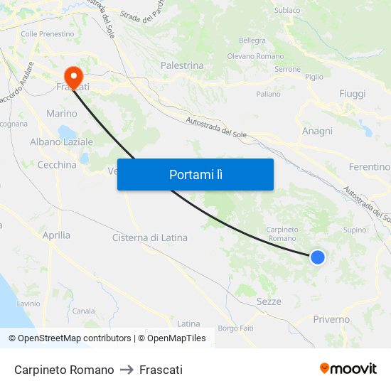 Carpineto Romano to Frascati map