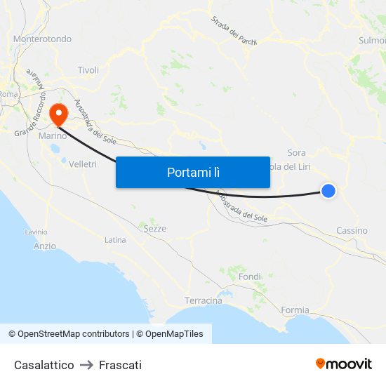 Casalattico to Frascati map