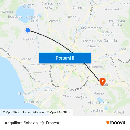 Anguillara Sabazia to Frascati map
