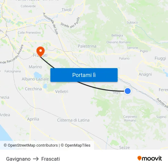 Gavignano to Frascati map