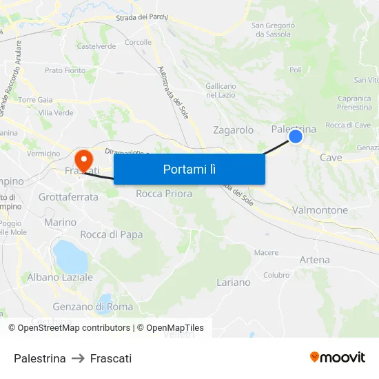 Palestrina to Frascati map