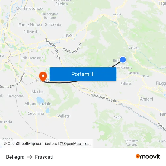 Bellegra to Frascati map