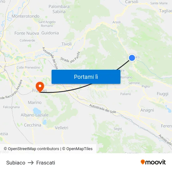 Subiaco to Frascati map