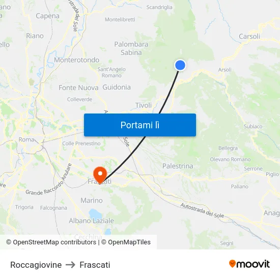 Roccagiovine to Frascati map