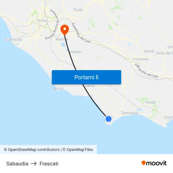 Sabaudia to Frascati map