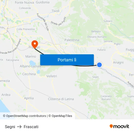Segni to Frascati map