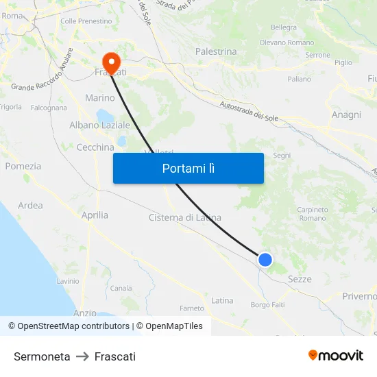 Sermoneta to Frascati map