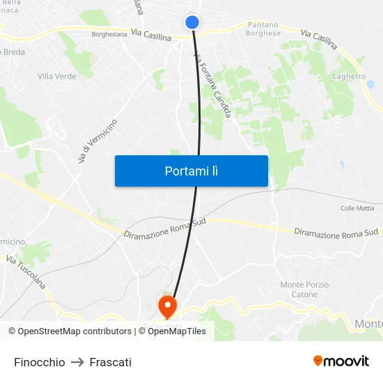 Finocchio to Frascati map