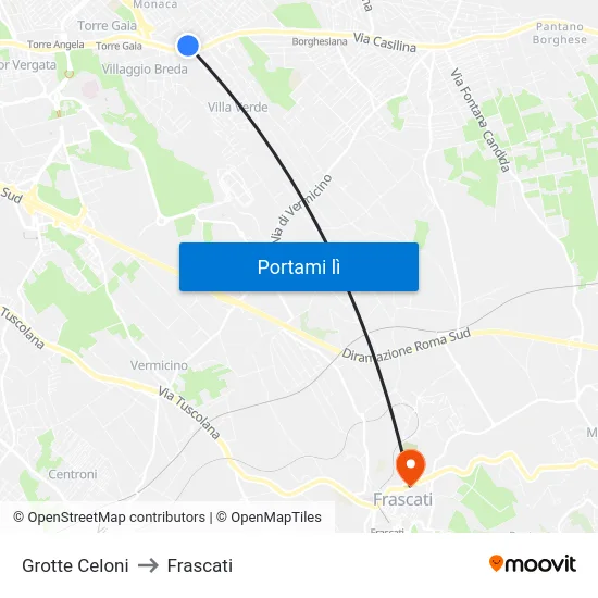 Grotte Celoni to Frascati map