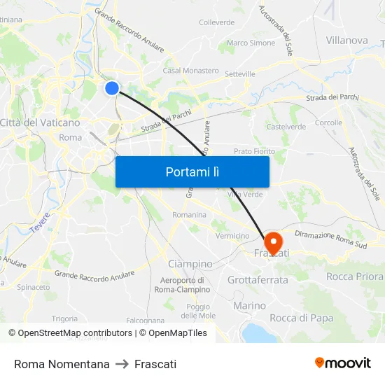 Roma Nomentana to Frascati map