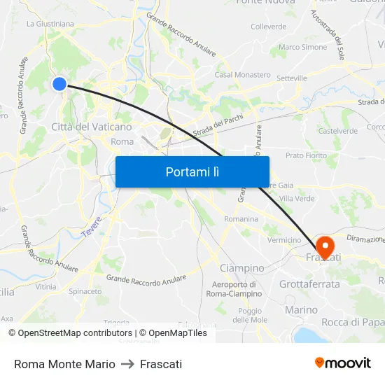 Roma Monte Mario to Frascati map
