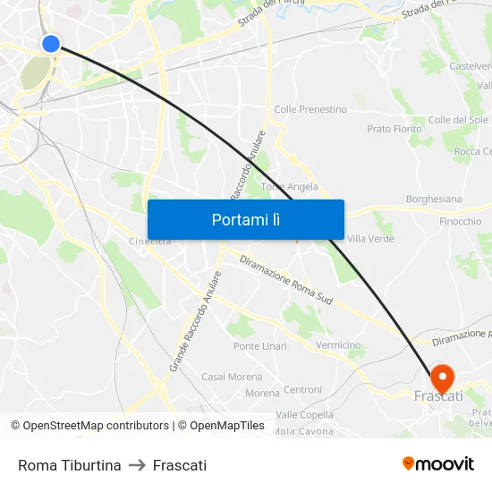 Roma Tiburtina to Frascati map