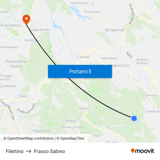 Filettino to Frasso Sabino map