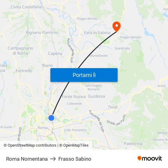 Roma Nomentana to Frasso Sabino map