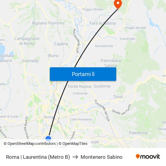 Roma | Laurentina (Metro B) to Montenero Sabino map