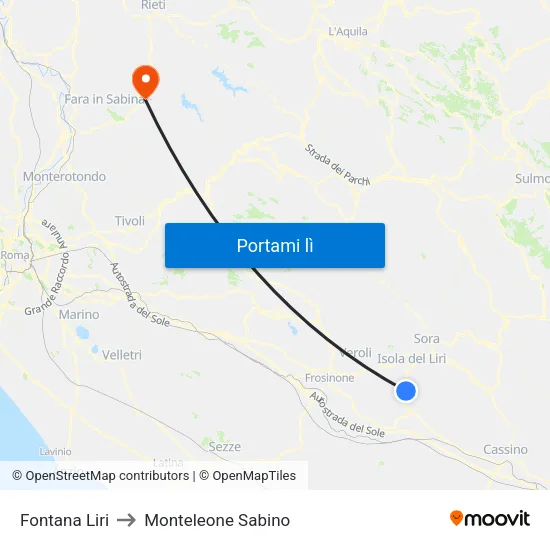 Fontana Liri to Monteleone Sabino map