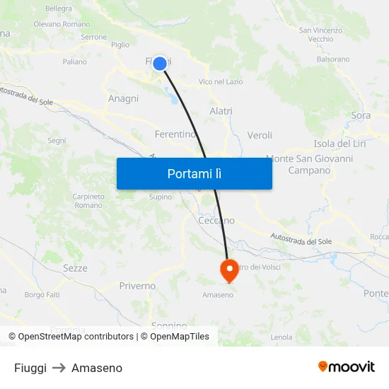 Fiuggi to Amaseno map