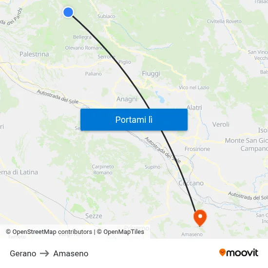 Gerano to Amaseno map