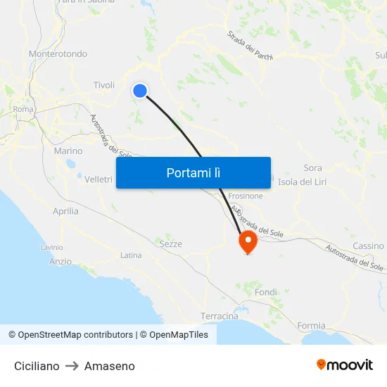 Ciciliano to Amaseno map