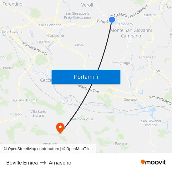 Boville Ernica to Amaseno map