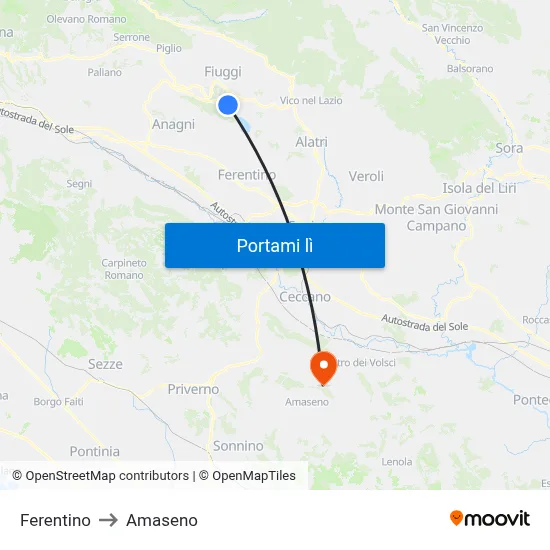 Ferentino to Amaseno map