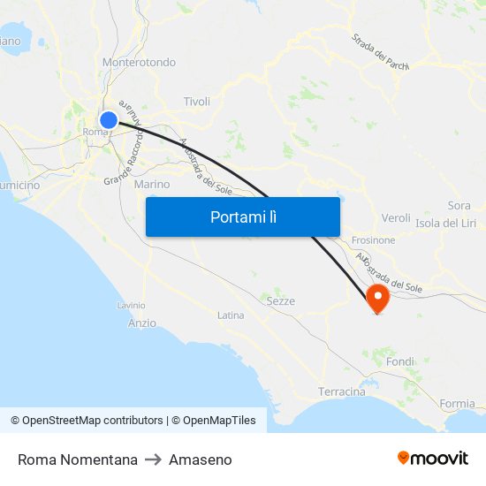 Roma Nomentana to Amaseno map