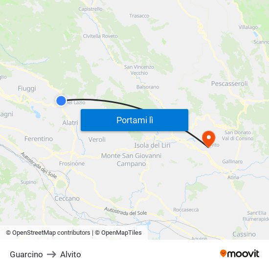 Guarcino to Alvito map