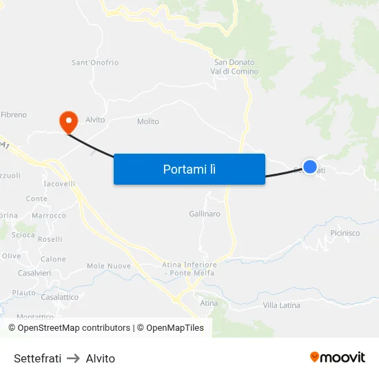 Settefrati to Alvito map