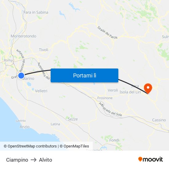 Ciampino to Alvito map