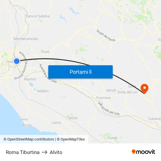 Roma Tiburtina to Alvito map