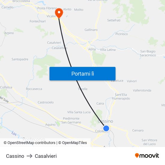Cassino to Casalvieri map