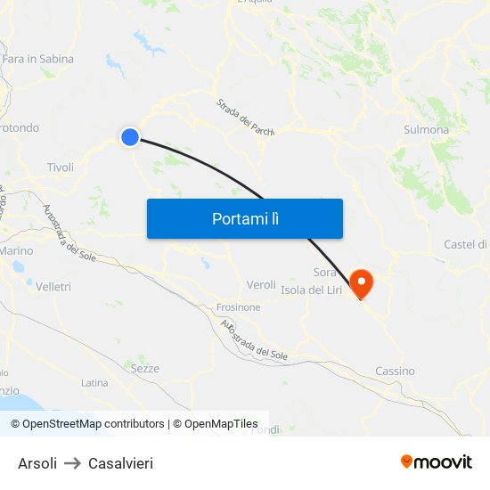 Arsoli to Casalvieri map