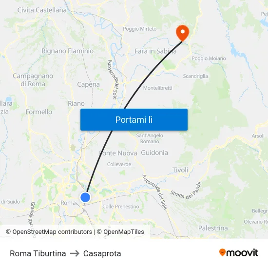 Roma Tiburtina to Casaprota map