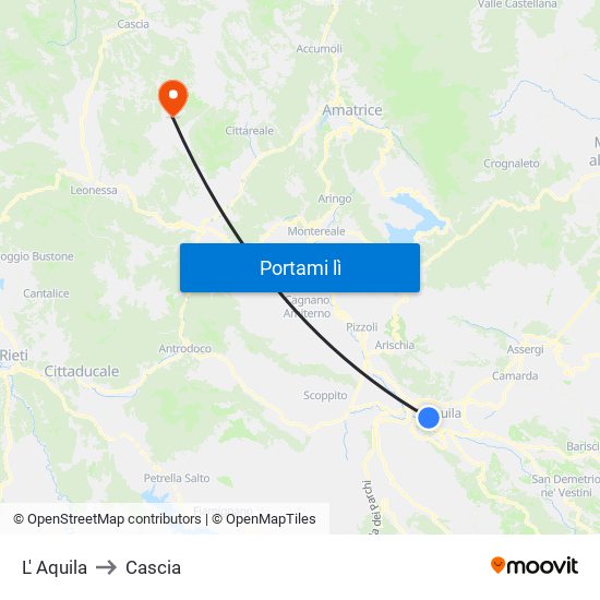 L' Aquila to Cascia map