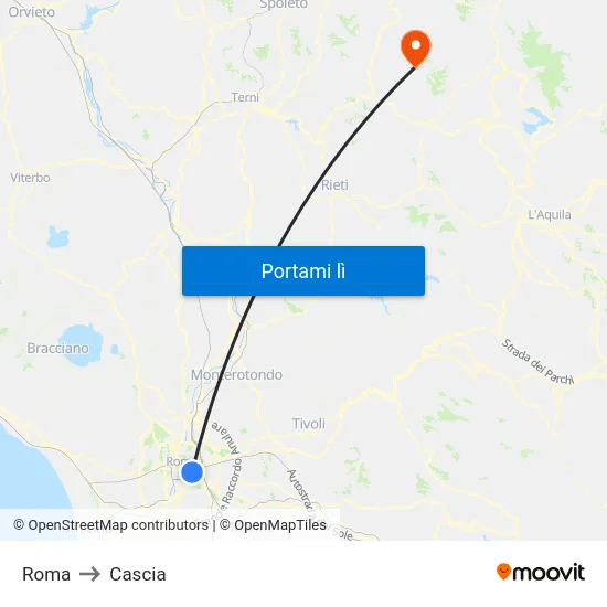 Roma to Cascia map