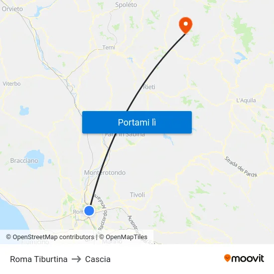 Roma Tiburtina to Cascia map