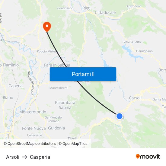 Arsoli to Casperia map