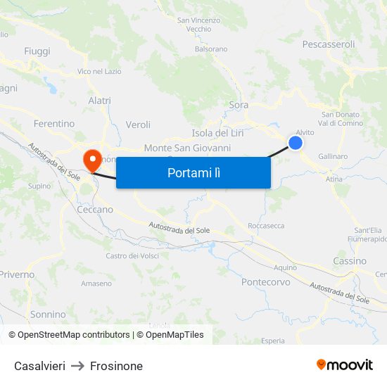 Casalvieri to Frosinone map