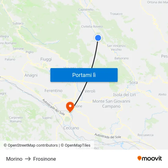 Morino to Frosinone map