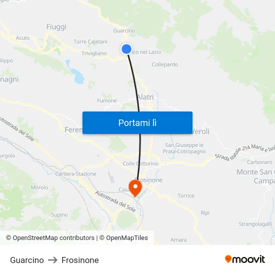 Guarcino to Frosinone map