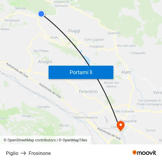 Piglio to Frosinone map