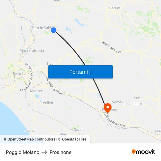 Poggio Moiano to Frosinone map